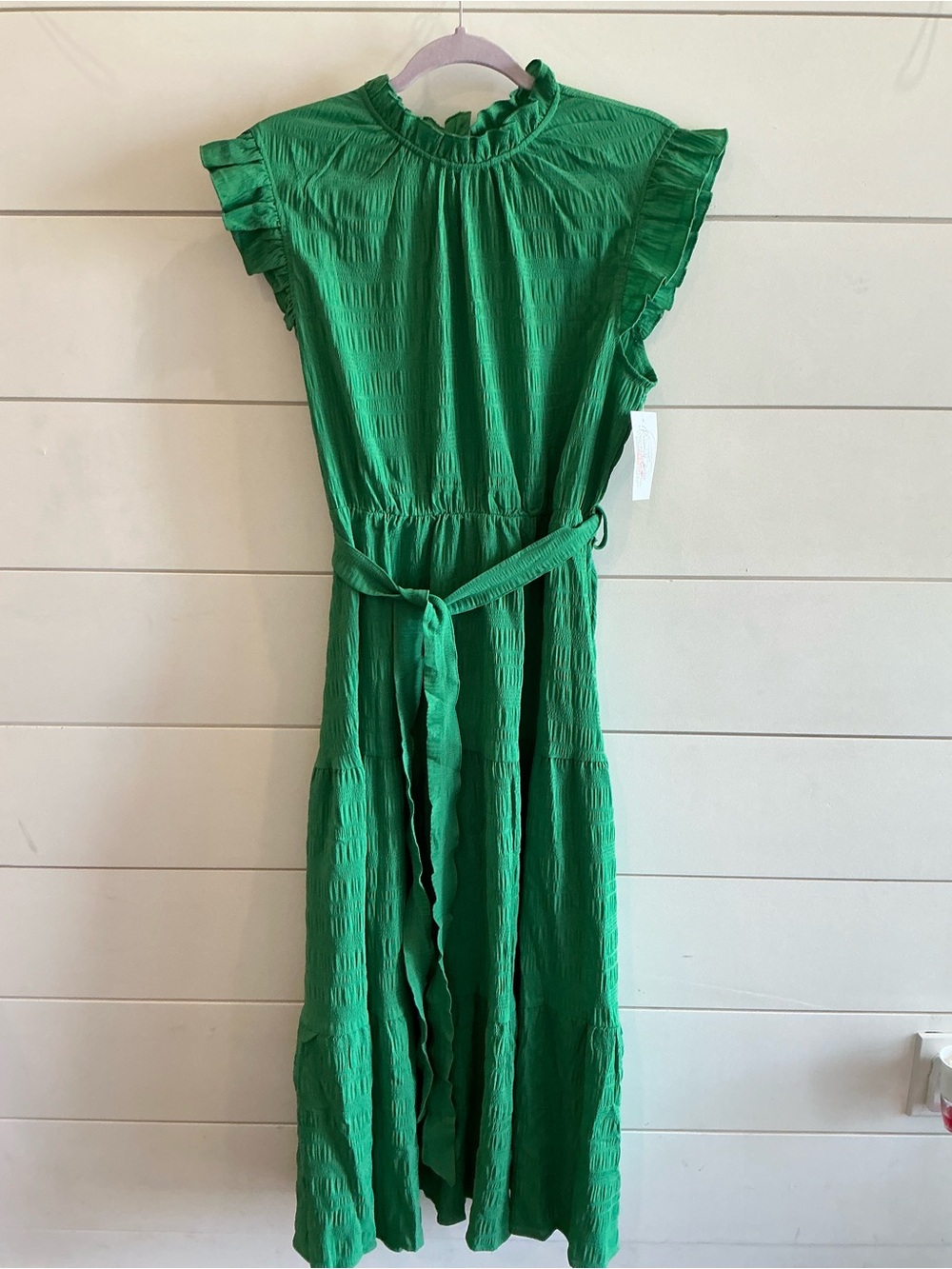 Green Ruffle Sleeve Belted Midi Dress